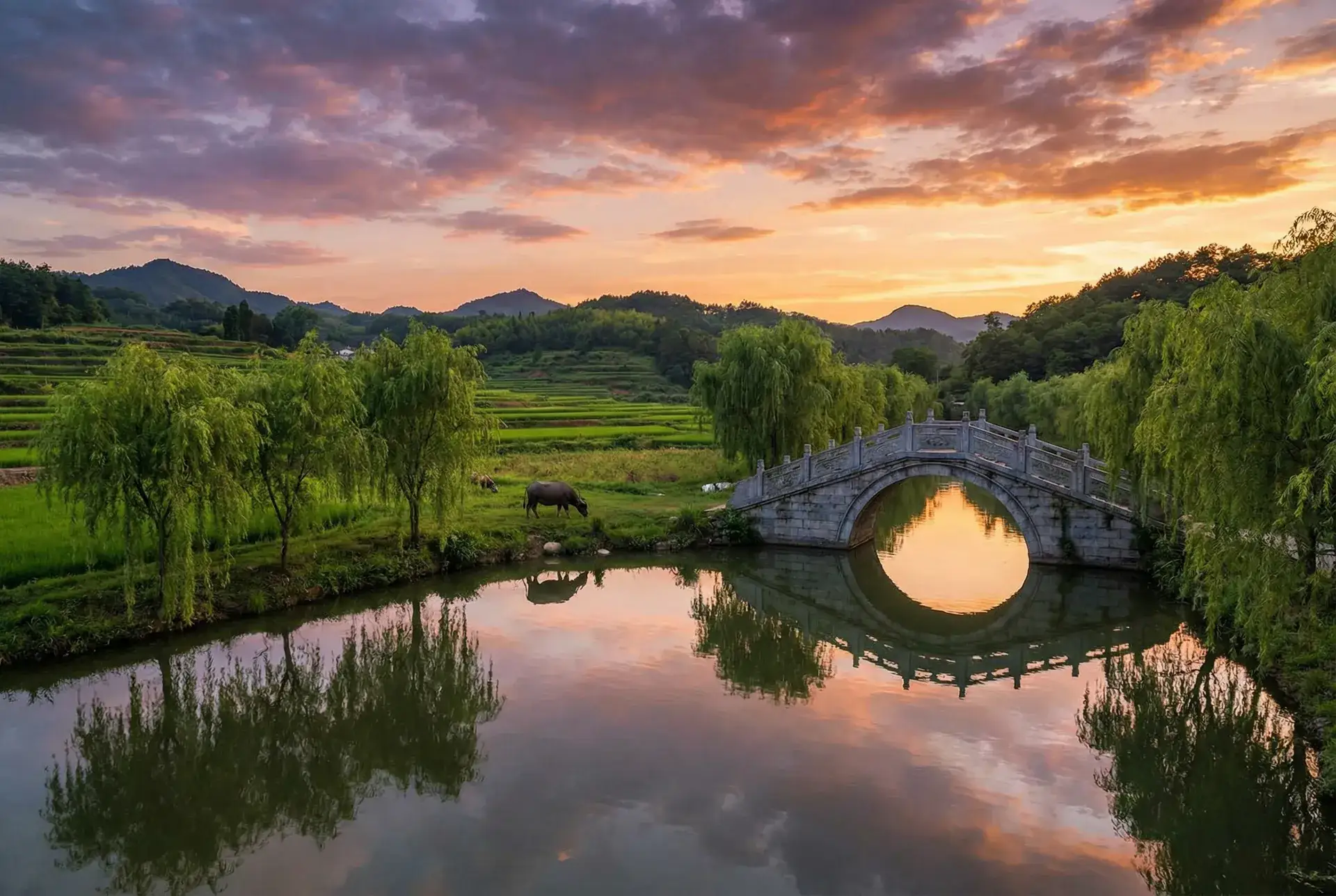 夕阳下的石拱桥与垂柳，水牛在河边吃草 - 超能电竞 乡村美景